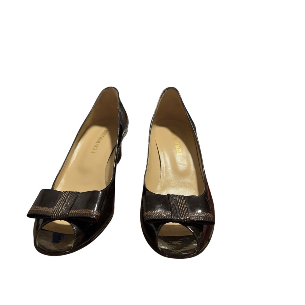 BERTONAGLI Womens Brown Patent Leather Peep Toe Bow Detail Wedge Pumps Size 7 - Picture 2 of 6